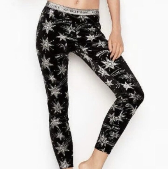 Victoria Secret Black Velvet Leggings Shooting Stars Glitter Pants Size Medium - Picture 9 of 9